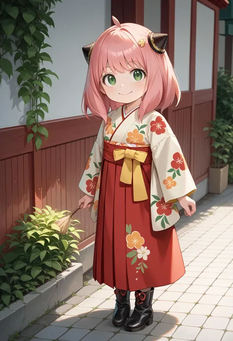 score_9,score_8_up,score_7_up, 
1girl, solo, chibi, Anya_(Spy_x_Family), <lora:Anya_Pony:0.8> green_eyes, pink_hair, medium_hair, ahoge, flat_chest, hairpods 
furisode, hakama, floral print, hair ornament,boots, smile  <lora:furisode hakama_pony_V1.0:0.8>