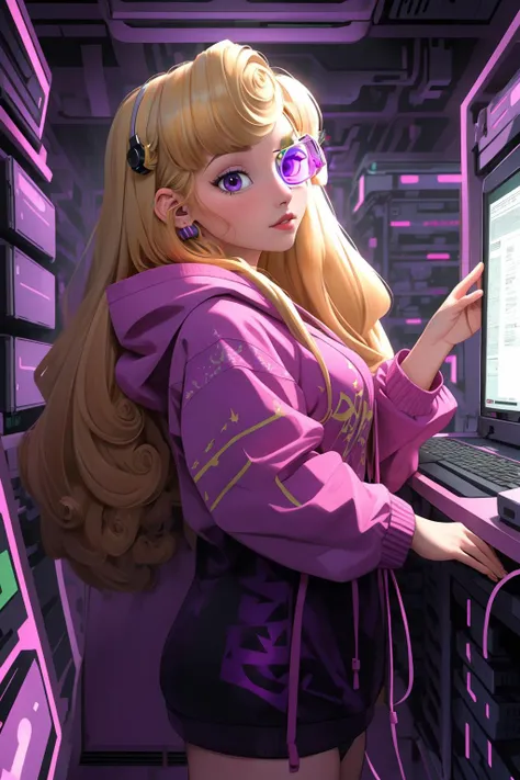 <lora:Aurora_V1:0.6> auroraodd, 1girl,  (Saiyan Scouter Glass: transparent green glass, covers only one eye),curly bangs, curly hair, long hair, blonde hair, purple eyes, makeup, cyberpunk, hacker,pink hoodie, computer,server room,control panels, from side <lora:HerrscherAGGA2023_Saiyan_Scouter_V1:1>