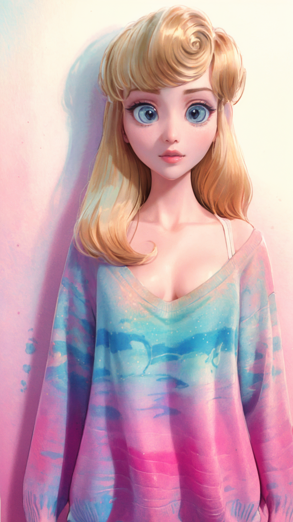A close up of a cartoon character with blonde hair and blue eyes ...