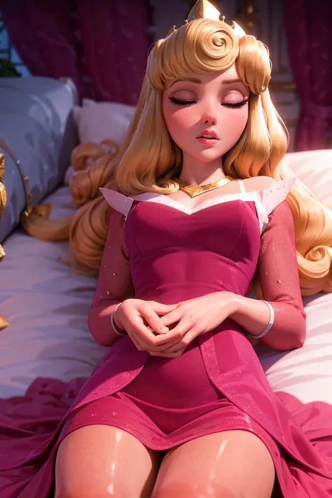 from above,
auroraodd, 1girl, curly bangs, curly hair, long hair, blonde hair, blue eyes, makeup, parted lips, sleeping, eyes closed,
pink dress, tiara, gold necklace, see-through sleeves,
sleeping on bed, lying back, laying back on bed, on back, laying on bed,
royal bedroom, roses on bed, royalty, night time, candle-lit, volumetric lighting, realistic, blurred background
<lora:Aurora_V1:0.6>