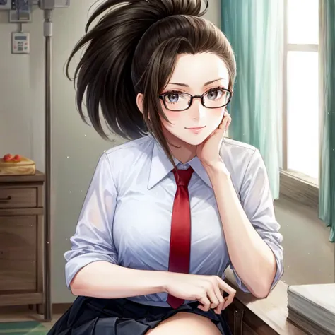 ((best quality)), ((highly detailed)), masterpiece, (detailed eyes, deep eyes), (1girl), (glasses), <lora:ojouSamaPoseConcept_v10:1>, ojou-sama pose, hand over own mouth, <lora:hairdetailer:.8>, <lora:yaoyorozu_momo:1>, momo yaoyorozu, momo_mha, long hair, black hair, black eyes, ponytail, hair pulled back, large breasts, smile, u.a._school_uniform, white collared shirt, red necktie, green pleated skirt, black socks, brown loafers, (indoors, at a hospital), ((\photorealistic\))