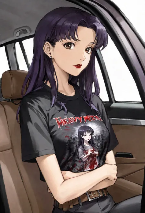 (heavy metal music fan:1.25) (misato:1.3), adult mature woman 1girl, (wearing heavy metal album cover blood t-shirt:1.2), (metalhead:1.1), goth, (small white cross pendant:0.9), seatbelt, dark lipstick, eyeshadow, (car window:1.1), (looking away from viewer:1.2), brown eyes, brown seat, mid-length hair, <lora:misato_merge_v8:1.0>