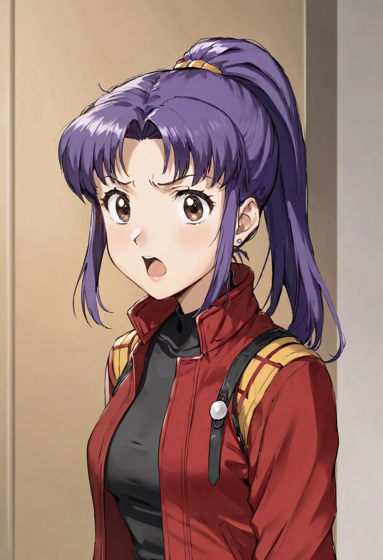 (misato:1.3), adult mature woman 1girl, (surprised expression:1.3) (cartoon:1.2) open mouth, (tiny small beady eyes:1.5), looking straight forward, (purple hair:1.1) center parted, sidelocks, medium hair, ponytail, brown eyes, black shirt, red jacket<lora:misato_merge_v8:1.0>