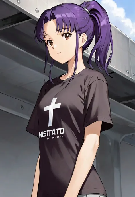 (t-shirt with a steel beam on it:1.5), (misato:1.15) 1girl, (misatofanart:1.1), purple hair center parted, sidelocks, ponytail, solo, (small white cross pendant:0.9), brown eyes, mid-length hair, <lora:misato_merge_v8:1.0>