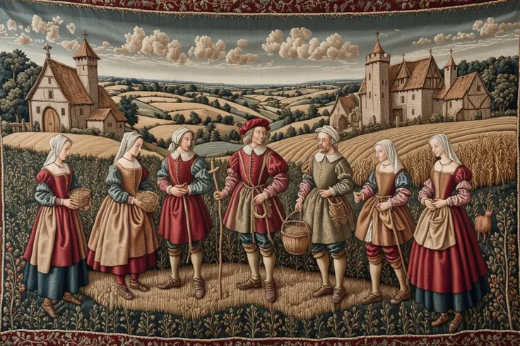 farmers in the fields, dark red, a little bit of magic, medieval tapestry style, hyper realism, 1600s, ultra detailed, intricate detail, silk thread, wool thread, metal thread, visible stitching, complex background, <lora:Wolvie_Concept_Tapestry_SDXL_v1.2:1>
