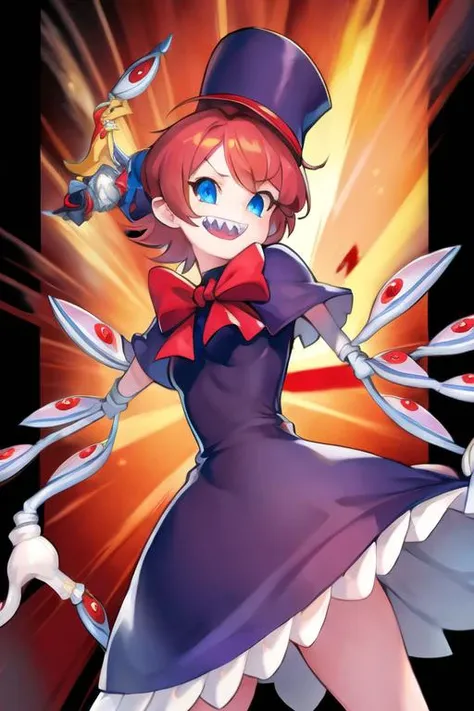 1girl, sgpeacock, short hair, sharp teeth, (mechanical arms:1.2), bow, hat, dress <lora:peacock-skullgirls:0.70>