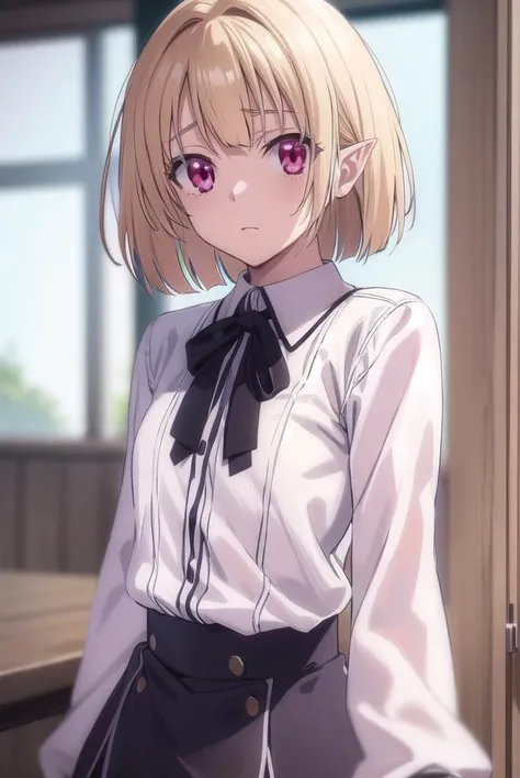 gaspervladi, <lora:gasper vladi anime s2-lora-nochekaiser:1>,
gasper vladi, short hair, blonde hair, (red eyes:1.3), pointy ears,
BREAK shirt, ribbon, school uniform, white shirt, black ribbon, neck ribbon, long sleeves, skirt, red skirt, puffy sleeves,
BREAK indoors, classroom,
BREAK looking at viewer, (cowboy shot:1.5),
BREAK <lyco:GoodHands-beta2:1>, (masterpiece:1.2), best quality, high resolution, unity 8k wallpaper, (illustration:0.8), (beautiful detailed eyes:1.6), extremely detailed face, perfect lighting, extremely detailed CG, (perfect hands, perfect anatomy),