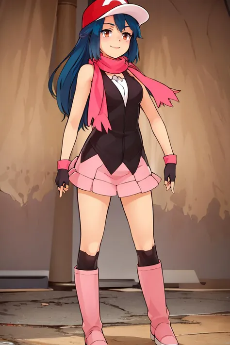 <lora:ricegnat_style:0.8>,<lora:Satoriv2:0.8>, masterpiece, best quality, highres, satori, solo, blue hair, brown eyes, long hair, bangs, ash's cap, dawn's dress, dawn's scarf, ash's gloves, dawn's boots, smile, contrapposto,