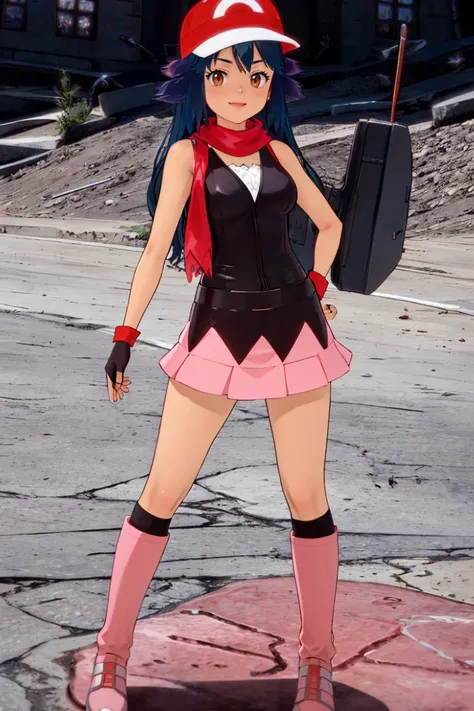 <lora:Puppypaww_Style:0.8>,<lora:Satoriv2:0.8>, masterpiece, best quality, highres, satori, solo, blue hair, brown eyes, long hair, bangs, ash's cap, dawn's dress, dawn's scarf, ash's gloves, dawn's boots, smile, contrapposto,