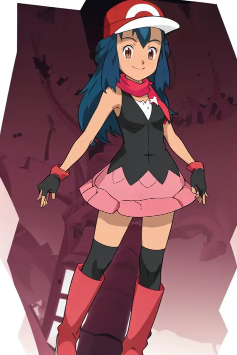 <lora:noelia_ponce_style:0.8>,<lora:Satoriv2:0.8>, masterpiece, best quality, highres, satori, solo, blue hair, brown eyes, long hair, bangs, ash's cap, dawn's dress, dawn's scarf, ash's gloves, dawn's boots, smile, contrapposto,
