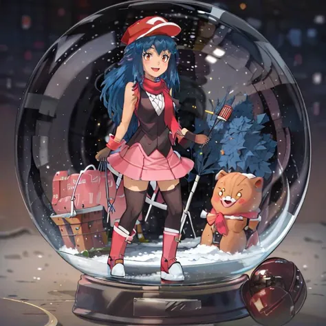 <lora:snow_globe:0.8>, snow_globe, in container,<lora:Satoriv2:0.8>, masterpiece, best quality, highres, satori, solo, blue hair, brown eyes, long hair, bangs, ash's cap, dawn's dress, dawn's scarf, ash's gloves, dawn's boots, smile, contrapposto,