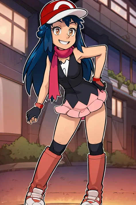 <lora:the_other_half_style:0.8>,<lora:Satoriv2:0.8>, masterpiece, best quality, highres, satori, solo, blue hair, brown eyes, long hair, bangs, ash's cap, dawn's dress, dawn's scarf, ash's gloves, dawn's boots, smile, contrapposto,