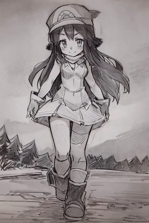 <lora:Pencil_Sketch_Dim64_SD-05:1>,(Pencil_Sketch:1.2, messy lines, greyscale, traditional media, sketch), unfinished, hatching (texture) , masterpiece, best quality, extremely delicate and beautiful, highres, original, satori, solo, long hair, bangs, ash's cap, dawn's dress, dawn's scarf, ash's gloves, dawn's boots, forest, walking, smile, <lora:Satoriv2:0.7>