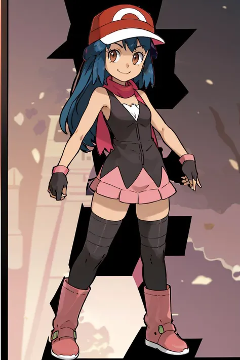 <lora:Sugimori_Ken_Style_v2:0.8>,<lora:Satoriv2:0.8>, masterpiece, best quality, highres, satori, solo, blue hair, brown eyes, long hair, bangs, ash's cap, dawn's dress, dawn's scarf, ash's gloves, dawn's boots, smile, contrapposto,