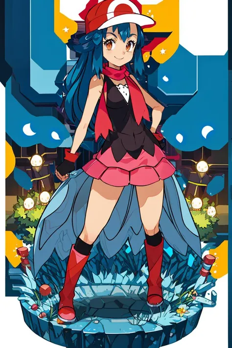 <lora:Harada_Takehito_Background_Dim32:0.8>,<lora:Satoriv2:0.8>, masterpiece, best quality, highres, satori, solo, blue hair, brown eyes, long hair, bangs, ash's cap, dawn's dress, dawn's scarf, ash's gloves, dawn's boots, smile, contrapposto,