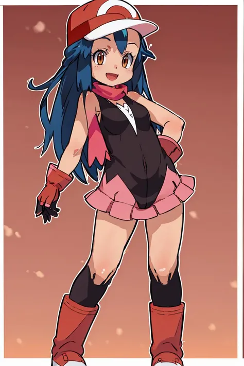 <lora:Zankuro_AnyLora_Dim32:0.8>,<lora:Satoriv2:0.8>, masterpiece, best quality, highres, satori, solo, blue hair, brown eyes, long hair, bangs, ash's cap, dawn's dress, dawn's scarf, ash's gloves, dawn's boots, smile, contrapposto,