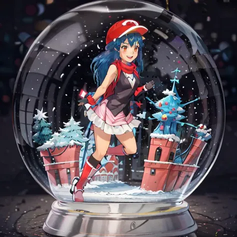 <lora:snow_globe:0.8>, snow_globe,<lora:Satoriv2:0.8>, masterpiece, best quality, highres, satori, solo, blue hair, brown eyes, long hair, bangs, ash's cap, dawn's dress, dawn's scarf, ash's gloves, dawn's boots, smile, contrapposto,