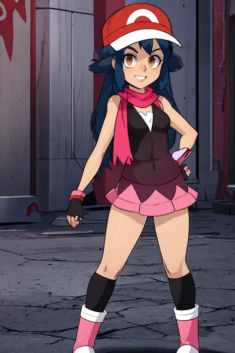 <lora:Bigdead_Style_Dim32:0.8>,<lora:Satoriv2:0.8>, masterpiece, best quality, highres, satori, solo, blue hair, brown eyes, long hair, bangs, ash's cap, dawn's dress, dawn's scarf, ash's gloves, dawn's boots, smile, contrapposto,