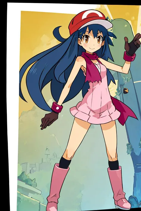 <lora:Harada_Takehito_v2_Repeats5:0.8>, , <lora:Satoriv2:0.8>, masterpiece, best quality, highres, satori, solo, blue hair, brown eyes, long hair, bangs, ash's cap, dawn's dress, dawn's scarf, ash's gloves, dawn's boots, smile, contrapposto,