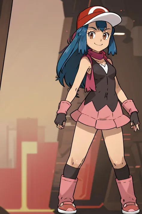 <lora:Sugimori_Ken_Style_v2:0.8>,<lora:Satoriv2:0.8>, masterpiece, best quality, highres, satori, solo, blue hair, brown eyes, long hair, bangs, ash's cap, dawn's dress, dawn's scarf, ash's gloves, dawn's boots, smile, contrapposto,