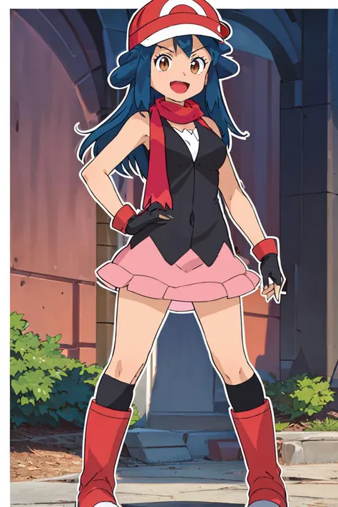 <lora:cutefires_style:0.8>,<lora:Satoriv2:0.8>, masterpiece, best quality, highres, satori, solo, blue hair, brown eyes, long hair, bangs, ash's cap, dawn's dress, dawn's scarf, ash's gloves, dawn's boots, smile, contrapposto,