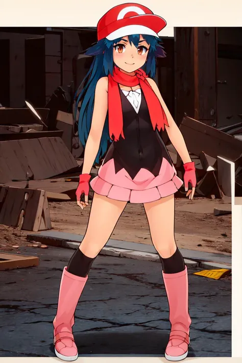 <lora:ricegnat_style:0.8>,<lora:Satoriv2:0.8>, masterpiece, best quality, highres, satori, solo, blue hair, brown eyes, long hair, bangs, ash's cap, dawn's dress, dawn's scarf, ash's gloves, dawn's boots, smile, contrapposto,