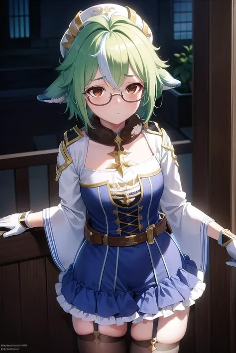 sucrose, <lyco:sucrose-lyco-nochekaiser:1>,
sucrose, ahoge, animal ears, (brown eyes:1.5), glasses, gradient hair, hair between eyes, messy hair, multicolored hair, semi-rimless eyewear, short hair, green hair, <lora:yudedako_v100:1>, embarrassed,
BREAK frills, fur collar, gem, gloves, green thighhighs, long sleeves, thighhighs, white headwear, zettai ryouiki, skirt, blue skirt,
BREAK indoors, laboratory,
BREAK looking at viewer, (cowboy shot:1.5),
BREAK <lyco:GoodHands-beta2:1>, (masterpiece:1.2), best quality, high resolution, unity 8k wallpaper, (illustration:0.8), (beautiful detailed eyes:1.6), extremely detailed face, perfect lighting, extremely detailed CG, (perfect hands, perfect anatomy),