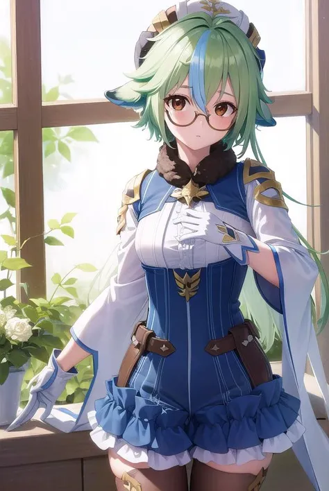 sucrose, <lyco:sucrose-lyco-nochekaiser:1>,
sucrose, ahoge, animal ears, (brown eyes:1.5), glasses, gradient hair, hair between eyes, messy hair, multicolored hair, semi-rimless eyewear, short hair, green hair,
BREAK frills, fur collar, gem, gloves, green thighhighs, long sleeves, thighhighs, white headwear, zettai ryouiki, skirt, blue skirt,
BREAK indoors, laboratory,
BREAK looking at viewer, (cowboy shot:1.5),
BREAK <lyco:GoodHands-beta2:1>, (masterpiece:1.2), best quality, high resolution, unity 8k wallpaper, (illustration:0.8), (beautiful detailed eyes:1.6), extremely detailed face, perfect lighting, extremely detailed CG, (perfect hands, perfect anatomy),