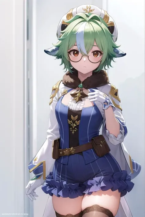 sucrose, <lyco:sucrose-lyco-nochekaiser:1>,
sucrose, ahoge, animal ears, (brown eyes:1.5), glasses, gradient hair, hair between eyes, messy hair, multicolored hair, semi-rimless eyewear, short hair, green hair,
BREAK frills, fur collar, gem, gloves, green thighhighs, long sleeves, thighhighs, white headwear, zettai ryouiki, skirt, blue skirt,
BREAK indoors, laboratory,
BREAK looking at viewer, (cowboy shot:1.5),
BREAK <lyco:GoodHands-beta2:1>, (masterpiece:1.2), best quality, high resolution, unity 8k wallpaper, (illustration:0.8), (beautiful detailed eyes:1.6), extremely detailed face, perfect lighting, extremely detailed CG, (perfect hands, perfect anatomy),