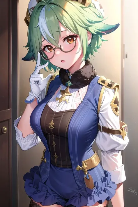 sucrose, sucrose, ahoge, animal ears, (brown eyes:1.5), glasses, gradient hair, hair between eyes, messy hair, multicolored hair, semi-rimless eyewear, short hair, green hair, embarrassed,
BREAK frills, fur collar, gem, gloves, green thighhighs, long sleeves, thighhighs, white headwear, zettai ryouiki, skirt, blue skirt,
BREAK indoors, laboratory,
BREAK looking at viewer, (cowboy shot:1.5),
BREAK (masterpiece:1.2), best quality, high resolution, unity 8k wallpaper, (illustration:0.8), (beautiful detailed eyes:1.6), extremely detailed face, perfect lighting, extremely detailed CG, (perfect hands, perfect anatomy),