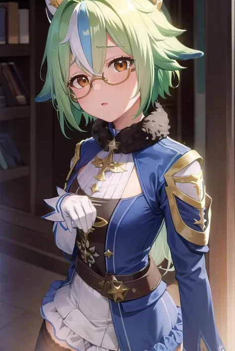 sucrose, <lyco:sucrose-lyco-nochekaiser:1>,
sucrose, ahoge, animal ears, (brown eyes:1.5), glasses, gradient hair, hair between eyes, messy hair, multicolored hair, semi-rimless eyewear, short hair, green hair, <lora:yudedako_v100:1>, embarrassed,
BREAK frills, fur collar, gem, gloves, green thighhighs, long sleeves, thighhighs, white headwear, zettai ryouiki, skirt, blue skirt,
BREAK indoors, laboratory,
BREAK looking at viewer, (cowboy shot:1.5),
BREAK <lyco:GoodHands-beta2:1>, (masterpiece:1.2), best quality, high resolution, unity 8k wallpaper, (illustration:0.8), (beautiful detailed eyes:1.6), extremely detailed face, perfect lighting, extremely detailed CG, (perfect hands, perfect anatomy),