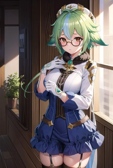 sucrose, <lyco:sucrose-lyco-nochekaiser:1>,
sucrose, ahoge, animal ears, (brown eyes:1.5), glasses, gradient hair, hair between eyes, messy hair, multicolored hair, semi-rimless eyewear, short hair, green hair, <lora:yudedako_v100:1>, embarrassed,
BREAK frills, fur collar, gem, gloves, green thighhighs, long sleeves, thighhighs, white headwear, zettai ryouiki, skirt, blue skirt,
BREAK indoors, laboratory,
BREAK looking at viewer, upper body,
BREAK <lyco:GoodHands-beta2:1>, (masterpiece:1.2), best quality, high resolution, unity 8k wallpaper, (illustration:0.8), (beautiful detailed eyes:1.6), extremely detailed face, perfect lighting, extremely detailed CG, (perfect hands, perfect anatomy),
