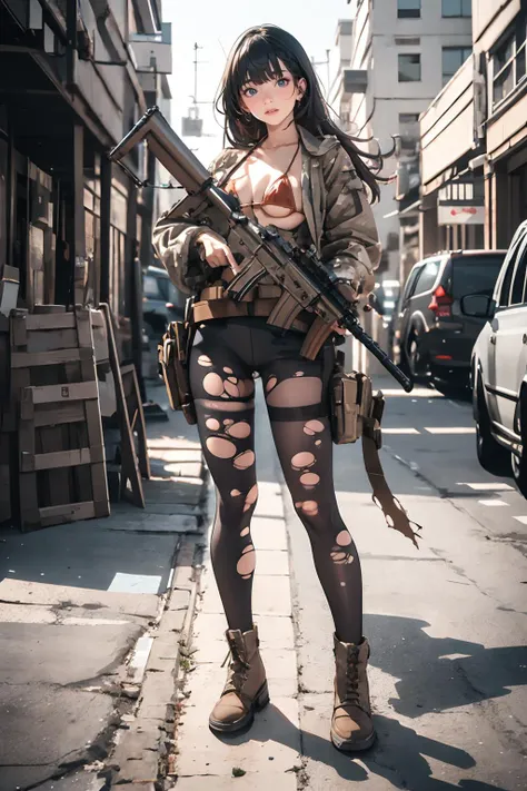 1girl,solo,(full body:1.3),outdoors,cityscape,standing,<lora:0297 PUBG_v1:0.7>,ruanyi0297,boots,bikini,jacket,(torn pantyhose:1.3),belt,strap gap,thigh strap,thigh holster,pussy,(red background),<lora:HK416-v2:0.6>,(holding weapon, holding rifle,aiming,aim:1.2),gun,h&k hk416,carbine,open fire,, best quality,masterpiece,highres,official art,extremely detailed cg unity 8k wallpaper