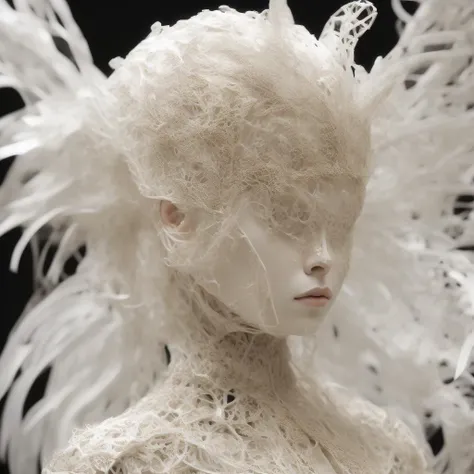 a surrealist sculpture of a woman, inspired by Joong Keun Lee, intricate white armor, fractal automaton, perfect android girl, paper cut art, many wires attached to her, sculpture of persephone, akihiko yoshida, petros afshar speedart, best of behance, egyptian samurai, portrait of hollow knight, heavy white armor, (golden details:0.2), divine render, detailed eyes