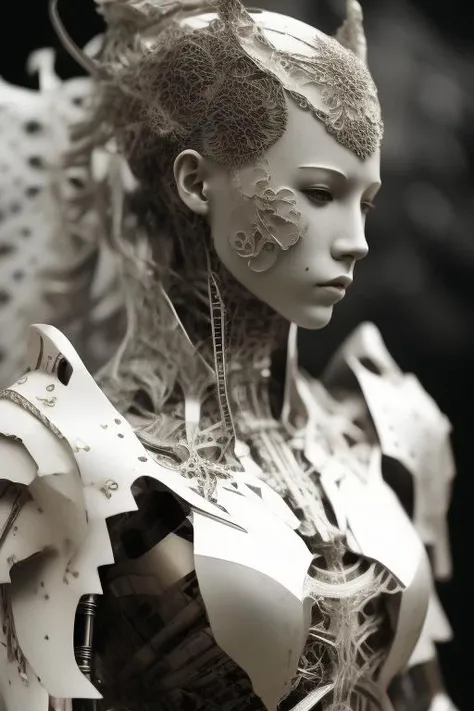 a close up of a sculpture of a woman, a surrealist sculpture, inspired by Joong Keun Lee, intricate white armor, fractal automaton, perfect android girl, paper cut art, many wires attached to her, sculpture of persephone, akihiko yoshida, petros afshar speedart, best of behance, egyptian samurai, portrait of hollow knight, he wears dark visors, heavy white and golden armor, divine render