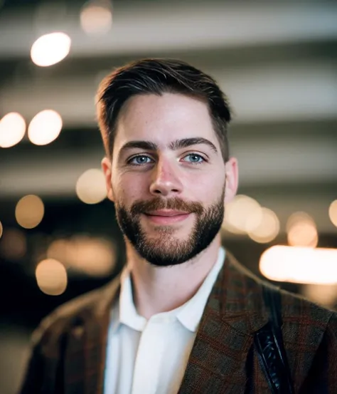 a close up of a person with a beard, reddit, blue symmetric eyes 24yo, bad selfie, (38 years old), wide nose,photorealistic, depth of field, Kodak Plus ISO film, (Depth of field), (whirl bokeh:1.21), Detailed, hq, detailed, realistic, warm light, muted colors, Moody, Filmic, Dreamy, lens flare, Mamiya 7ii, f/1.2, symmetrical balance, in-frame, bokeh, symmetrical balance, in-frame, live-frame, sharpenedmm film grain -frame, studio lights and studio light, ultra realism, zenith view-point with ektachrome.8k UHD 8K, highly detailed, dark color scheme intricate, highly detailed, sharp focus hyper realistic, by Marc