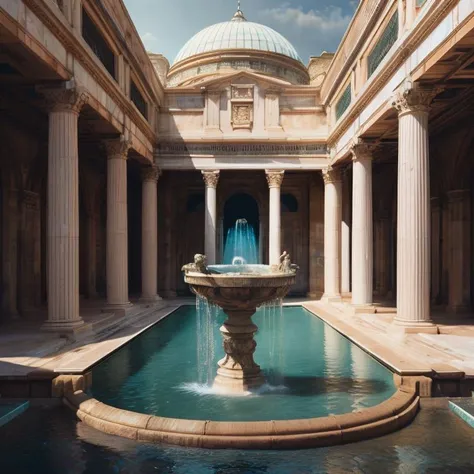 a large building with a fountain in the middle of it, unsplash , photorealistic painting, matte painting , Artstation contest winner, renaissance, roman atrium , high detail iconic structure, attractive airbrush illustration-perfect mausoleum roman bath, modern urban landscape
a close up of a person wearing futuristic glasses