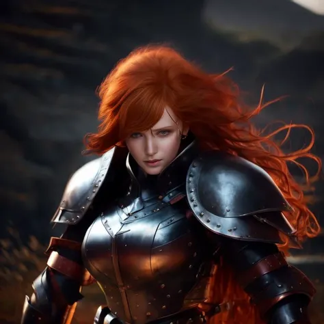 Hyperrealistic award winning editorial close up photo portrait of a fierce red headed female character warrior. Intrincatred armor. Highgly detailed. 8k. Dark fantasy.