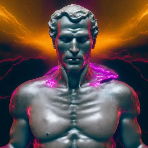 a close up of a statue with lines coming out of it, by Mike Winkelmann, holography, vaporwave!, octane render, greek god, blind, neon roman, stoic attitude