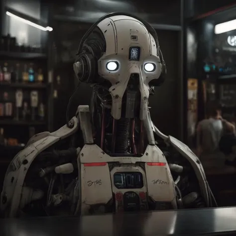 rz88mkultr4, a robot, a character portrait, by Sebastian Spreng, shutterstock, indoor shot,  iphone wallpaper, josan gonzales yutkowski, inside a father time, bar night