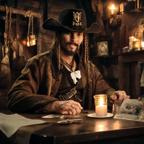 a man sitting at a table with a candle in front of him, a portrait, shutterstock, vanitas, pirates of the carribean, advertising photo, heavy vignette!, soothsayer, photo taken in 2018, high res photo, 4k photo, scruffy man, selling his wares, gritty feeling, dressed as a western sheriff