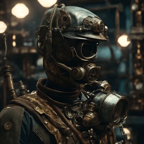 a close up of a man in a steampunky helmet and a gas mask, cyberpunk art by Adam MarczyDski, digital art, cyber steampunk 8 k 3 d, dystopian scifi gear, 3d rendered steampunk, ultrarealistic, hyper-realistic, glowing part, hyperdetailed, excruciating detail, intricate detail