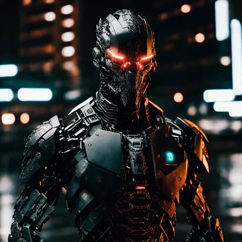 a futuristic elegant ceramic cyborg with bioluminescent clover pattern, detailed skin, detailed face, enormous war machinery, cyberpunk city background, dark, ominous, electrocuted, masterpiece, breathtaking quality, 8k resolution, insanely detailed, pexels contest winner, professional photography, high contrast, og style, by jim burns