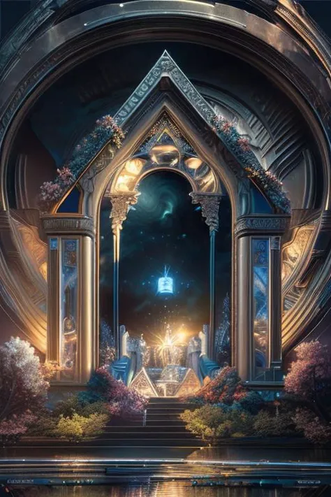 an rz88p4ss4ge landscape made of silver iredescent light, bright light night, intricate, elegant, sharp focus, illustration, highly detailed, digital painting, concept art, matte, art by WLOP and Artgerm and Greg Rutkowski and Alphonse Mucha, masterpiece