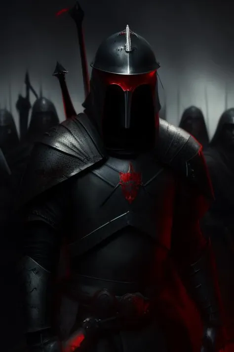 a group of knights standing next to each other, by Tadeusz Pruszkwski, Artstation contest winner, with red glowing eyes, portrait of a knight, dark helmet, artwork in the style of guweiz, blood and dead soldiers, holds a sword, fantasy art behance, peter mohrbacher c 2 0