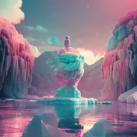 (A  Dining chair), trending, unsplash , [rz-purepastel-21],  a man standing on top of a mountain, cyberpunk art, inspired by Liam Wong, conceptual art, icebergs