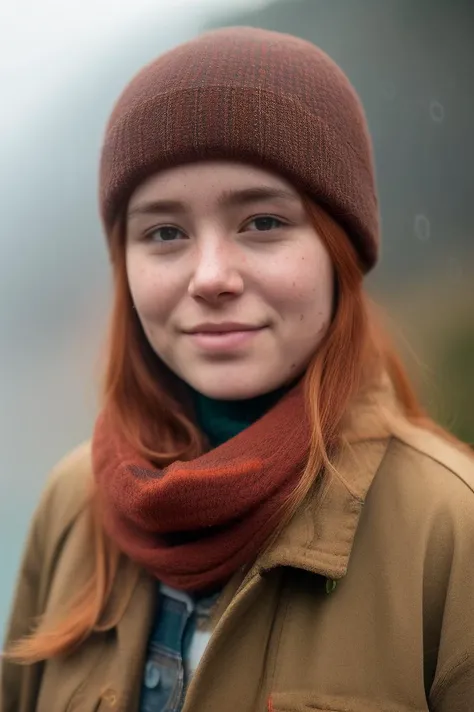 a close up of a person wearing a scarf and a hat, redhead girl, foggy rainy day, avatar image, young himalayan woman, headshot photo, best photography of 2 0 2 1, scratches on photo, 5 5 mm photo, with a round face, [ realistic photography ], by Andrew Robertson, 19-year-old girl, discovered photo