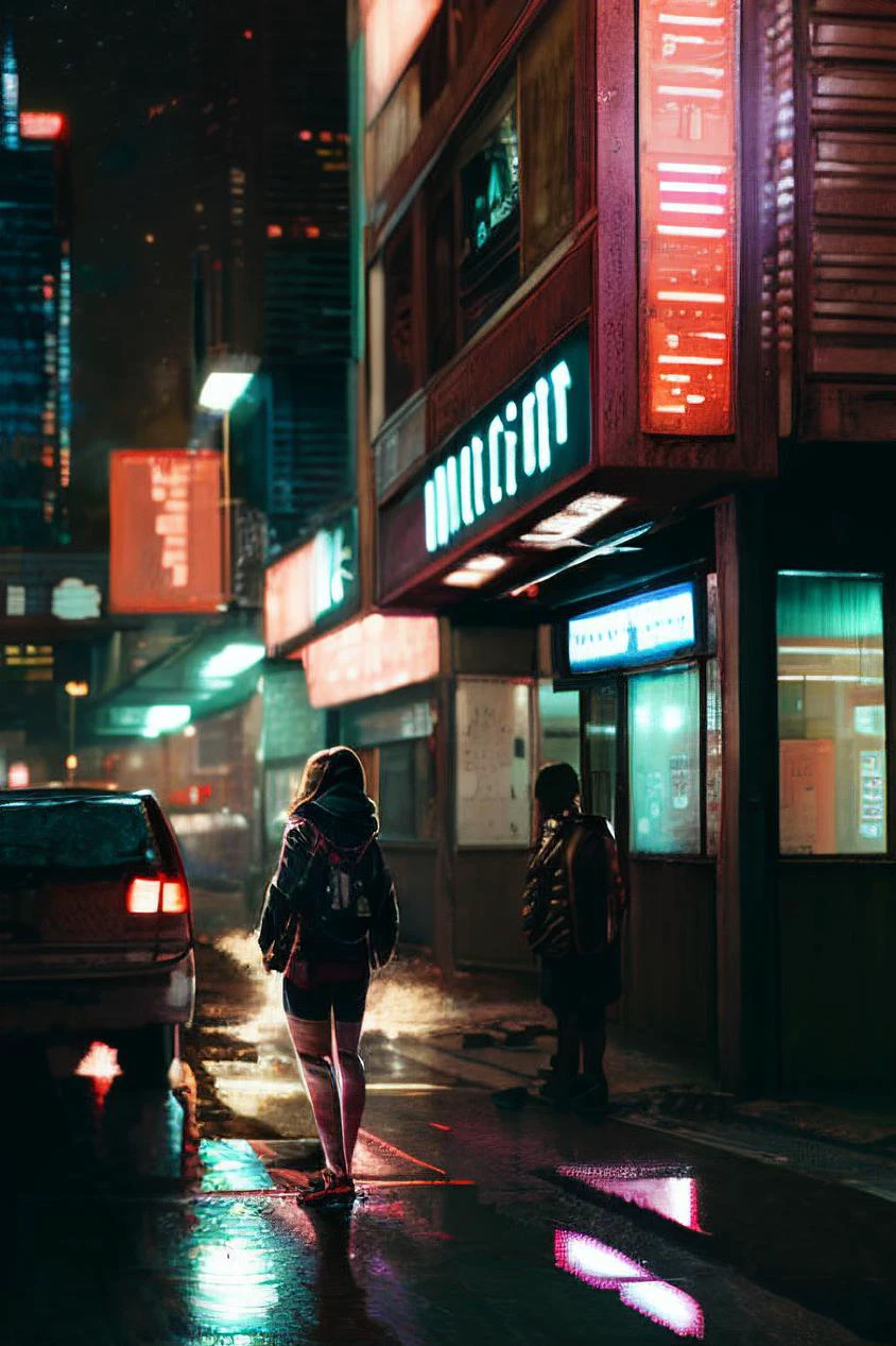 a painting of a living room interior, extremely detailed illustration , spaceport, interior paintings, interior paintings-view, interior wood
a woman standing on a city street at night, cyberpunk art, inspired by Liam Wong, digital art