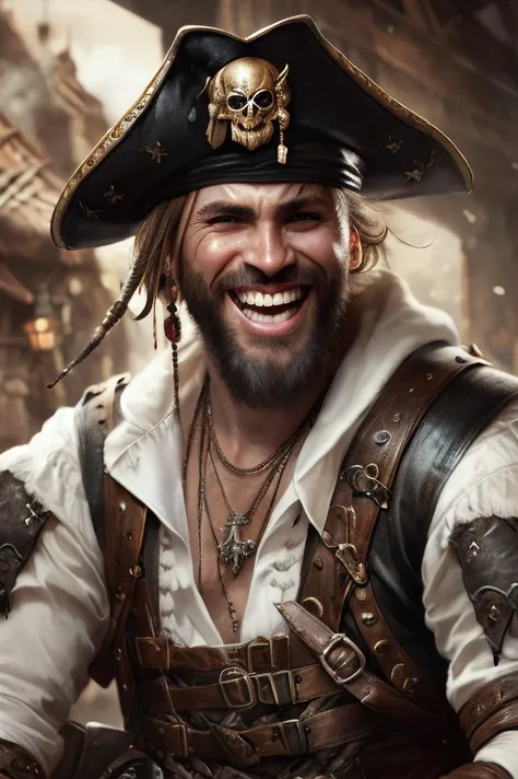 a close up of a person with a beard, a character portrait, by Aleksander Gine, Artstation contest winner, laughing, pirates, album art, highly detailed photo of happy, in style of wlop, card game illustration, smiling but has a temper