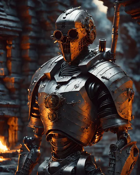 a fantasy medieval steampunk robot warrior, from [game of thrones|lord or the rings], made of (steel, wood:1.1), pipes, steam, fire, (glowing eyes:1.1), fine decorations

in background the ruins of an old castle

highly quality digital illustration, detailed, 4k uhd, render, vray, ultra realistic, cinematographic, closeup
